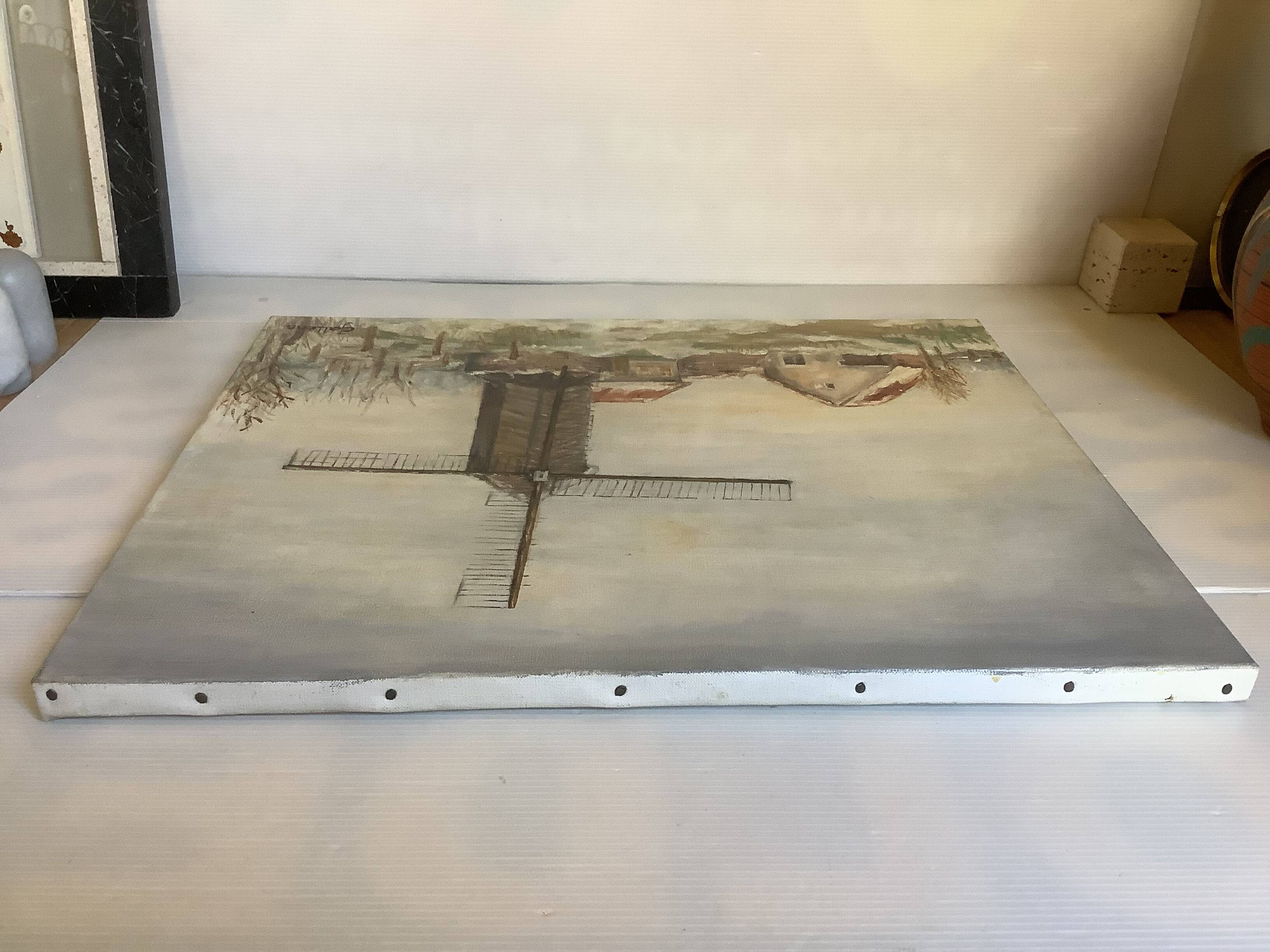 Painting winter landscape with a mill oil on canvas signed