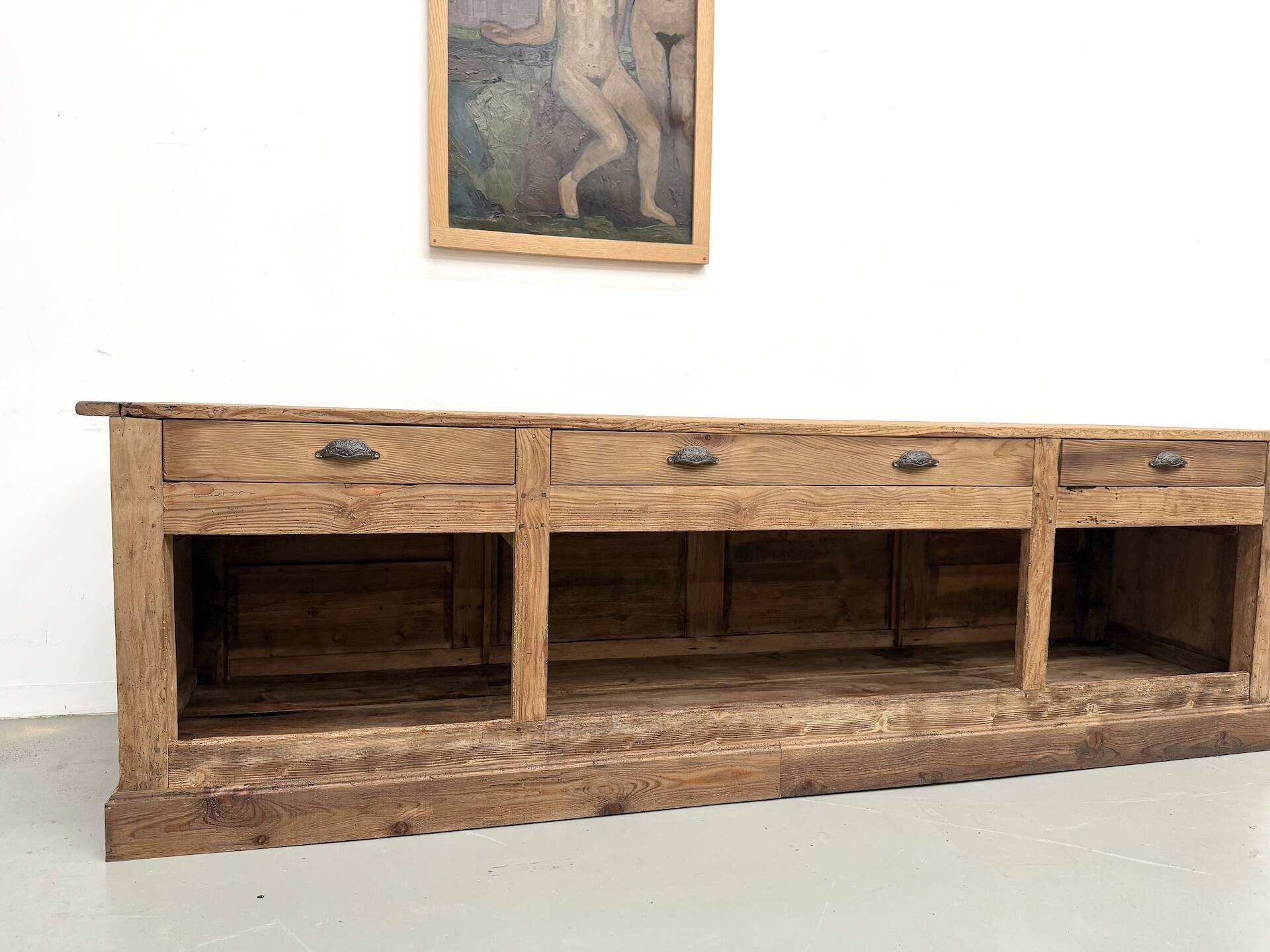 Very large pine trade counter, circa 1920.