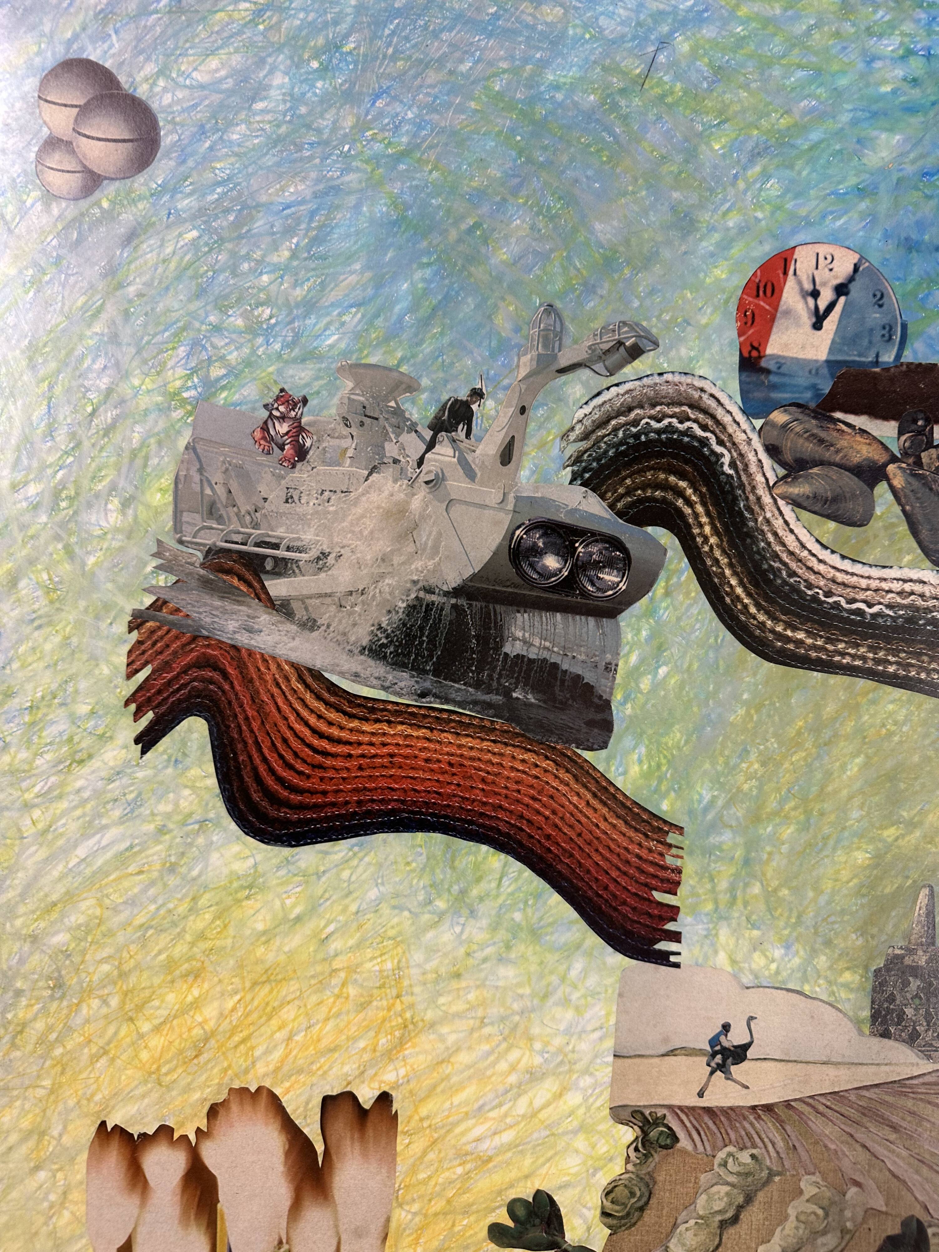 Very large surrealist collage framed by Alain Gaudet 1979