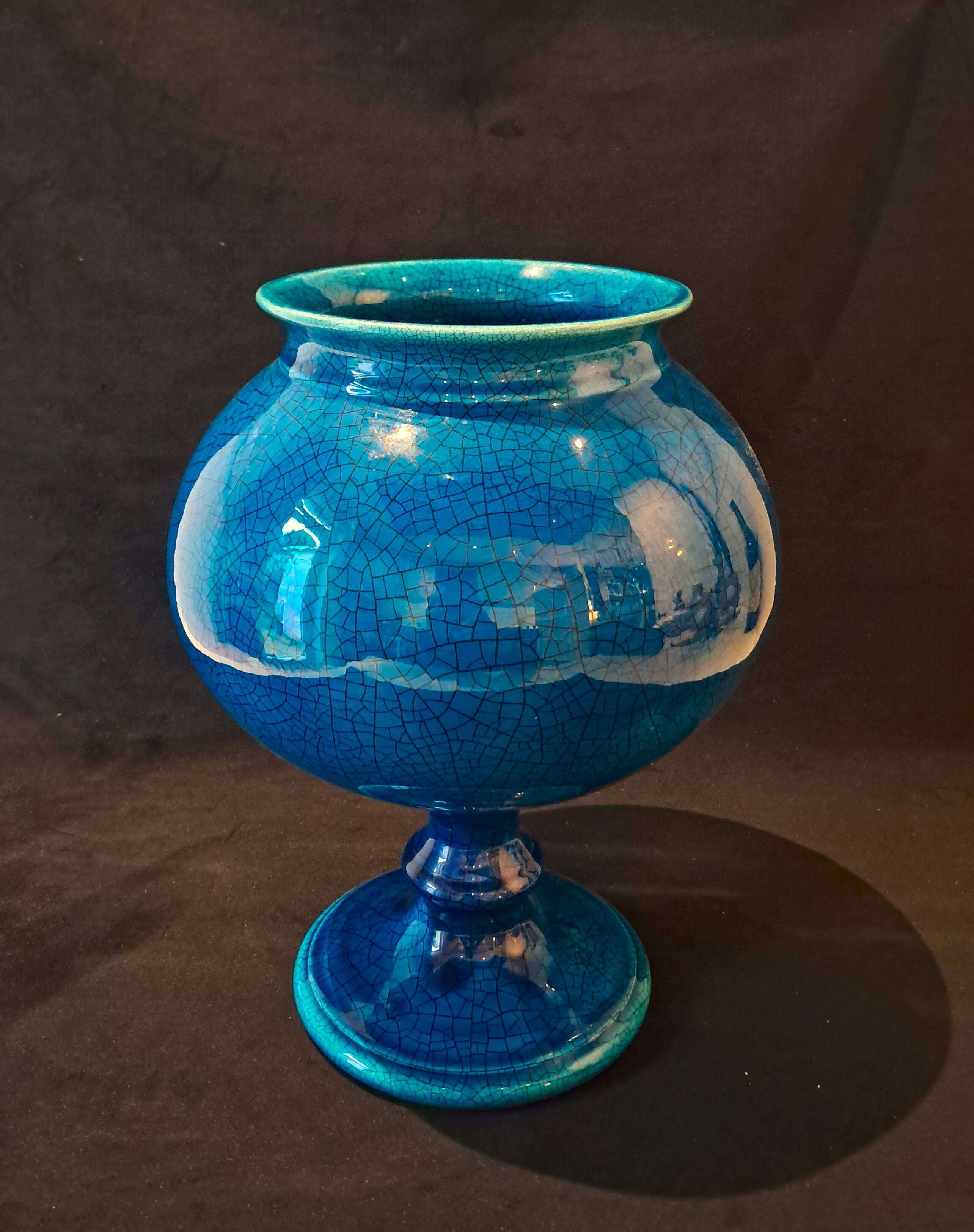 Large Turquoise Crackle Earthenware Footed Bowl Vase