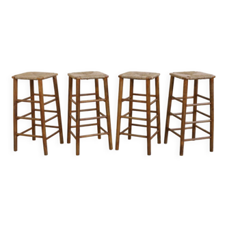Brutalist Barstools in Wood and Rush, 1970s, Set of 4
