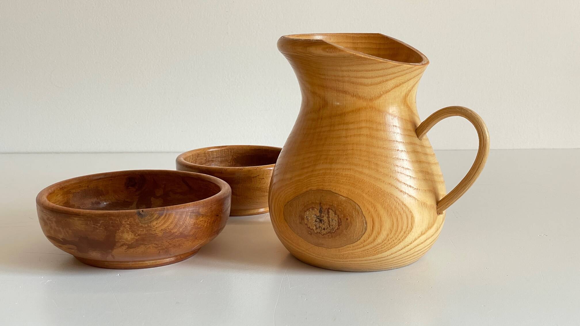 Vintage turned wood pitcher and 2 jars set