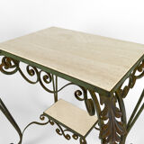 Art deco rolling service in wrought iron and travertine, france, 1940s