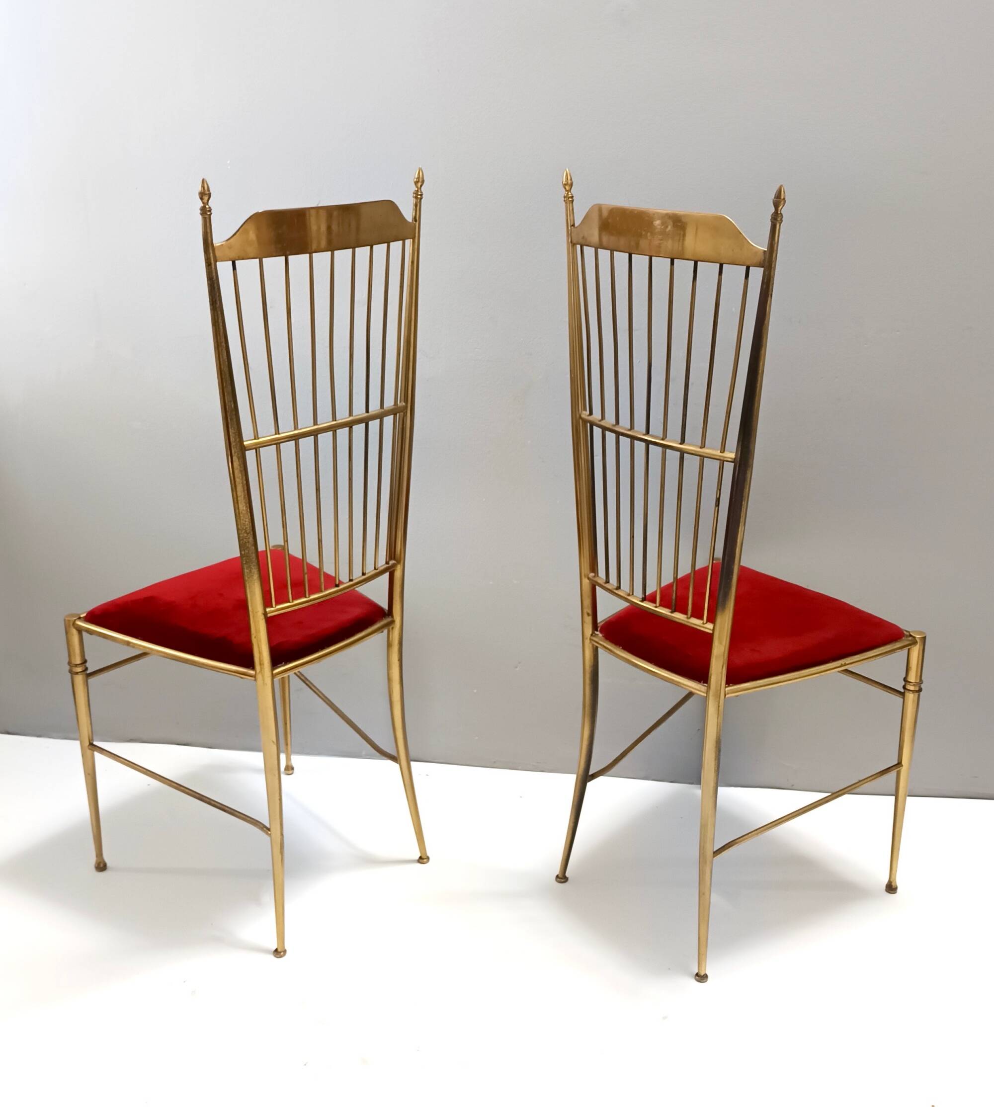 Pair of Vintage Brass and Red Velvet Chiavarine Chairs, Italy