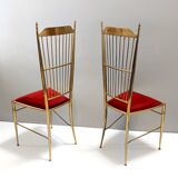 Pair of Vintage Brass and Red Velvet Chiavarine Chairs, Italy