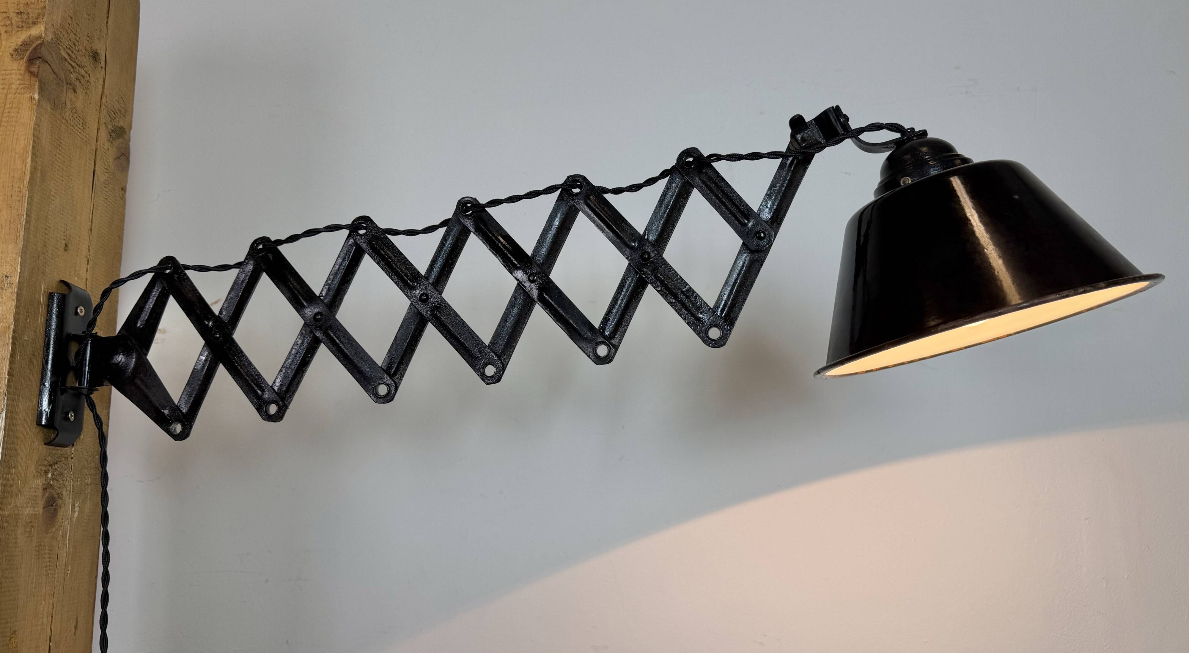 Industrial Black Enamel Scissor Wall Lamp, 1930s