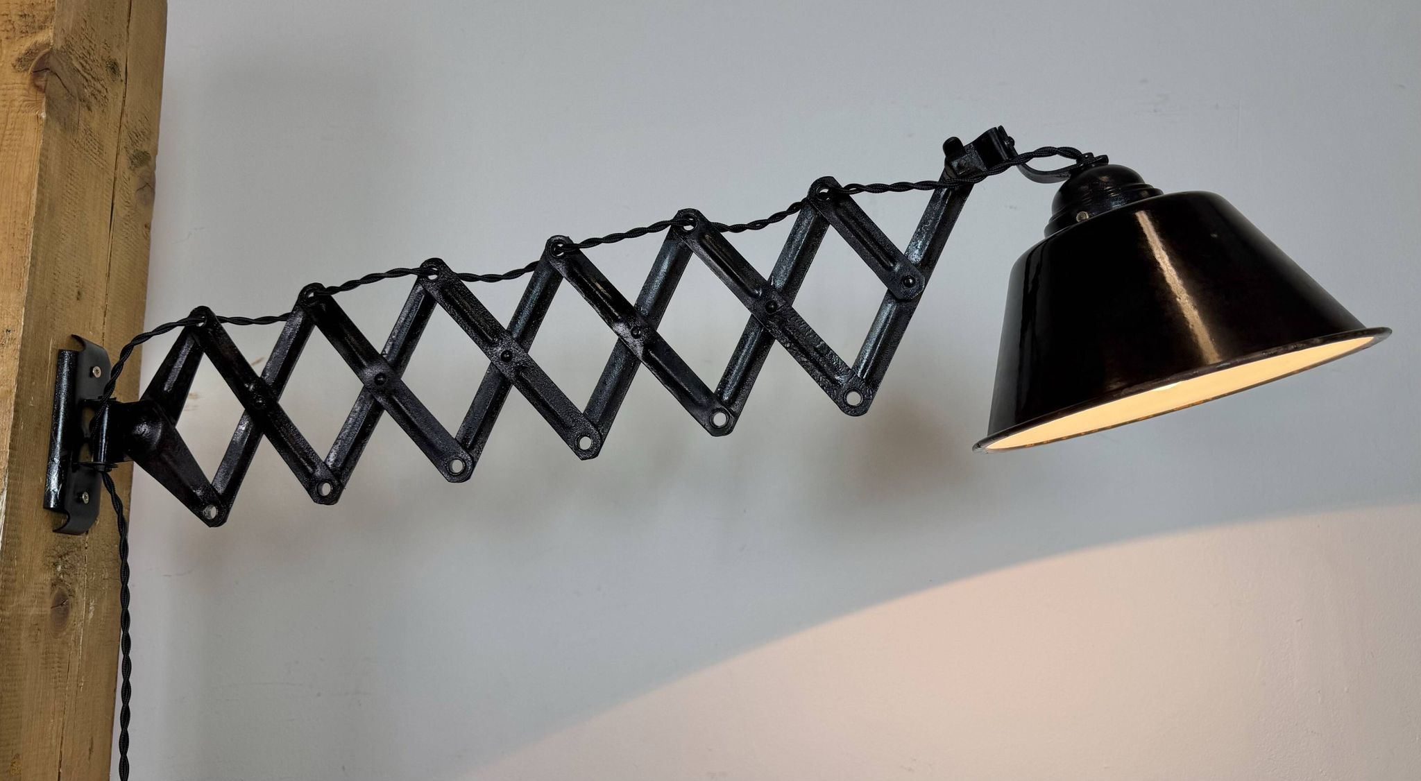 Industrial Black Enamel Scissor Wall Lamp, 1930s
