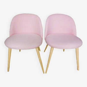 2 Scandinavian chairs - armchairs covered in pink fabrics with very stylish beech wood legs