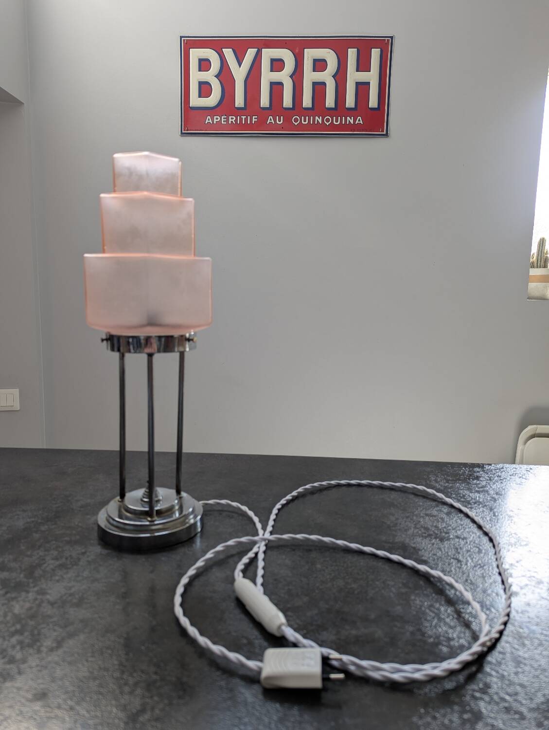 Vintage Skyscraper ceiling light, pink glass table lamp, Bauhaus Art.