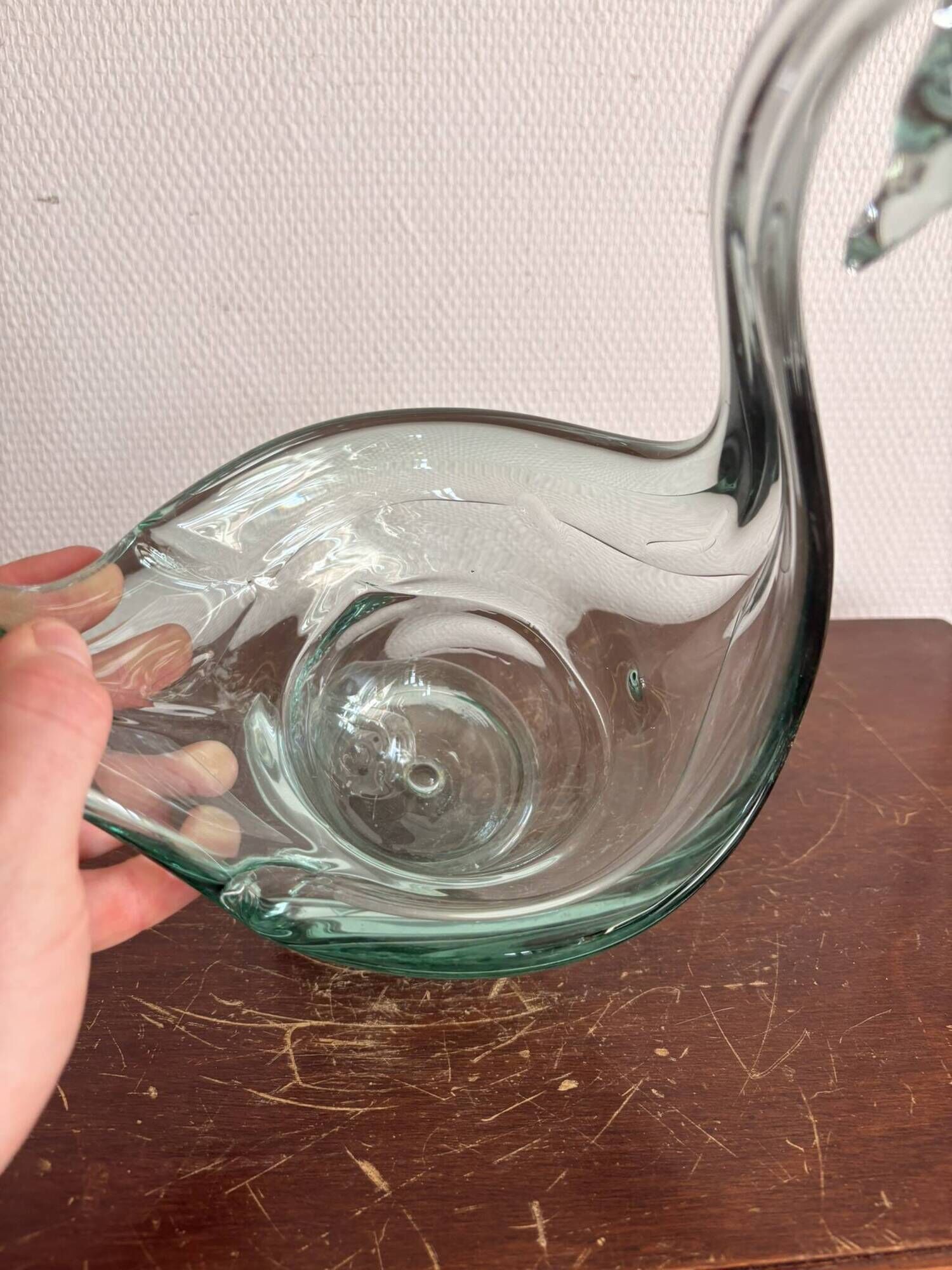 Green Glass Coupe Vase Swan Murano 26 cm Art Deco or 1950s Style