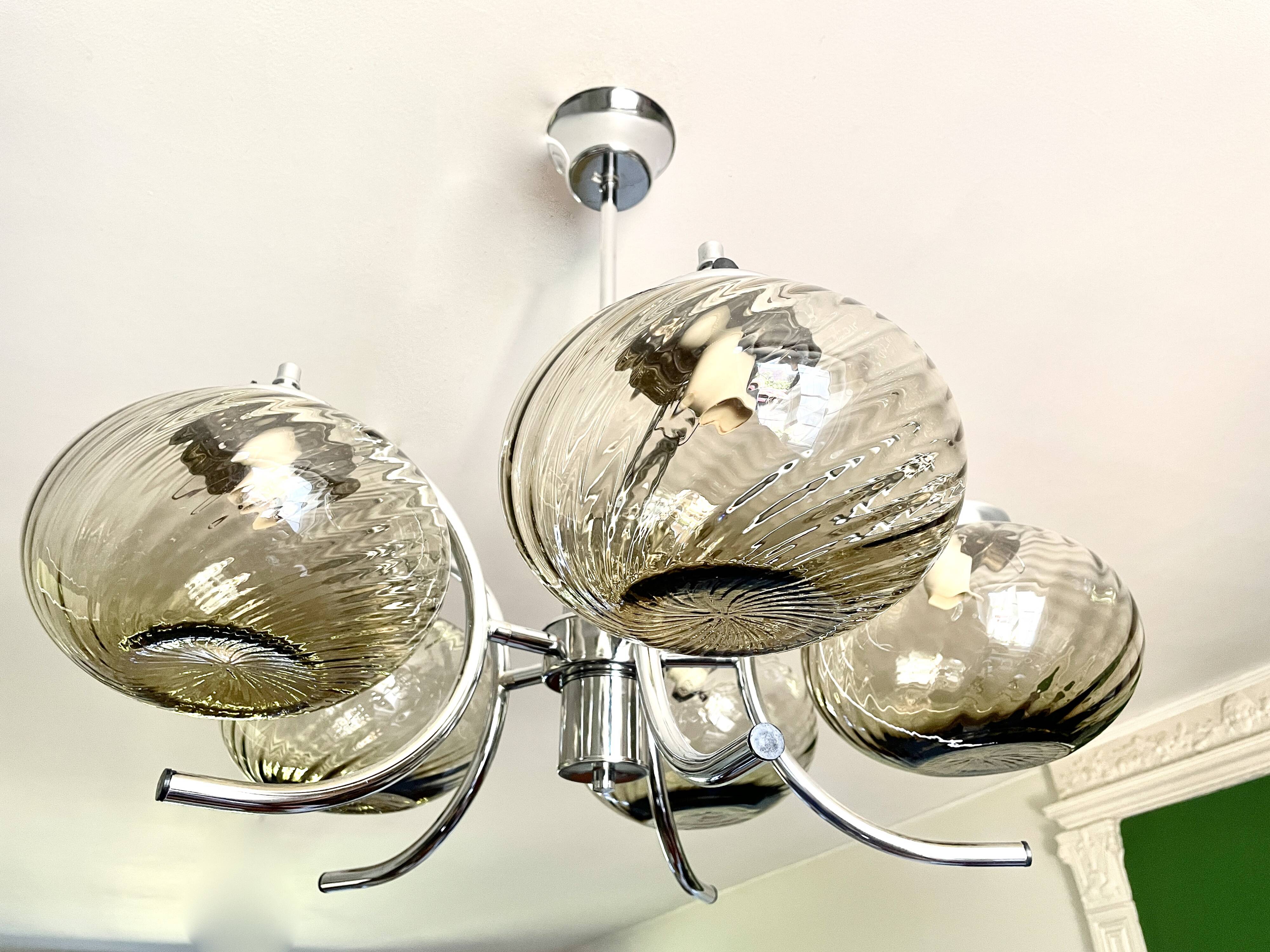 Large chrome and smoked glass chandelier 1970