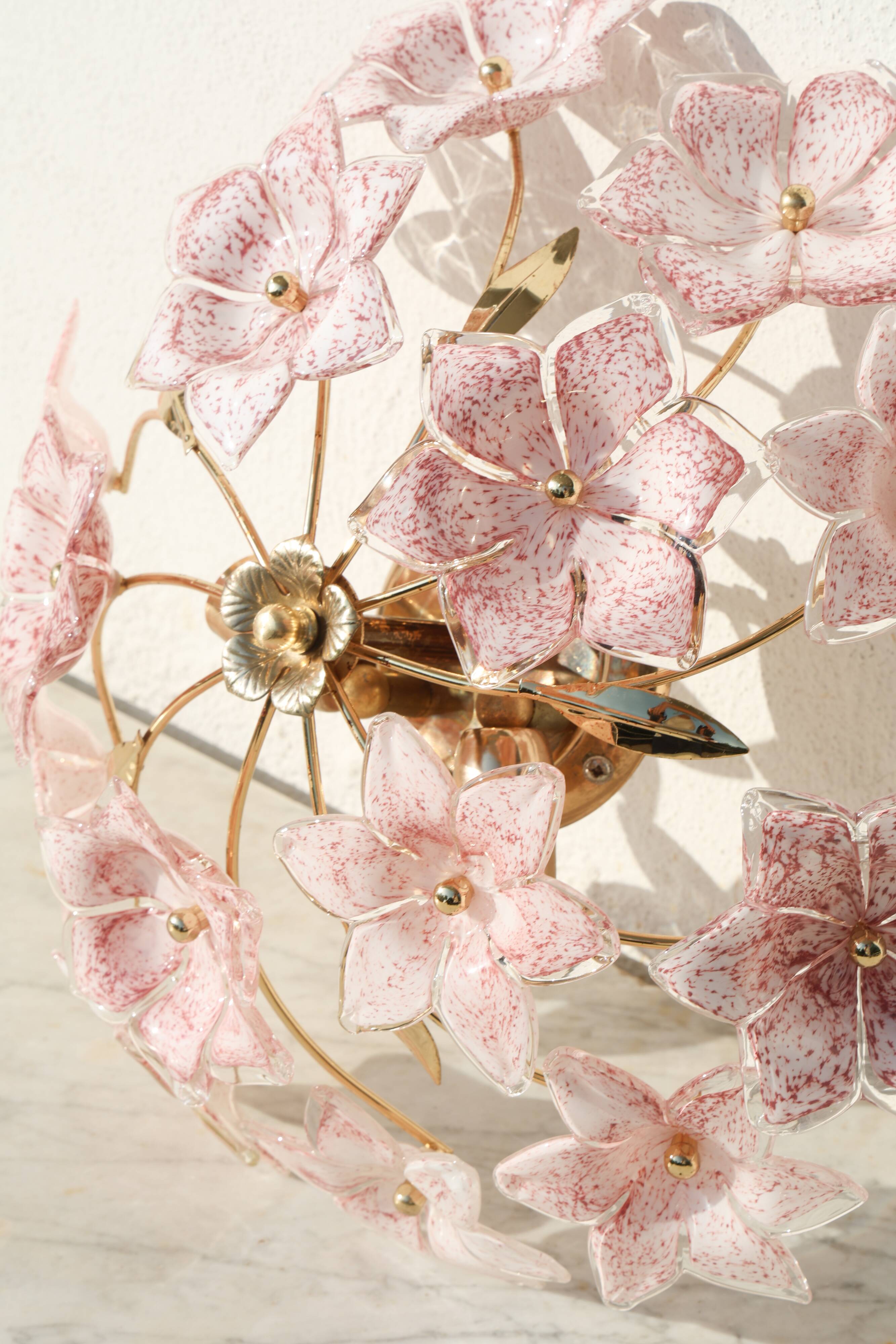Lustre vintage Murano fleurs roses, années 1970