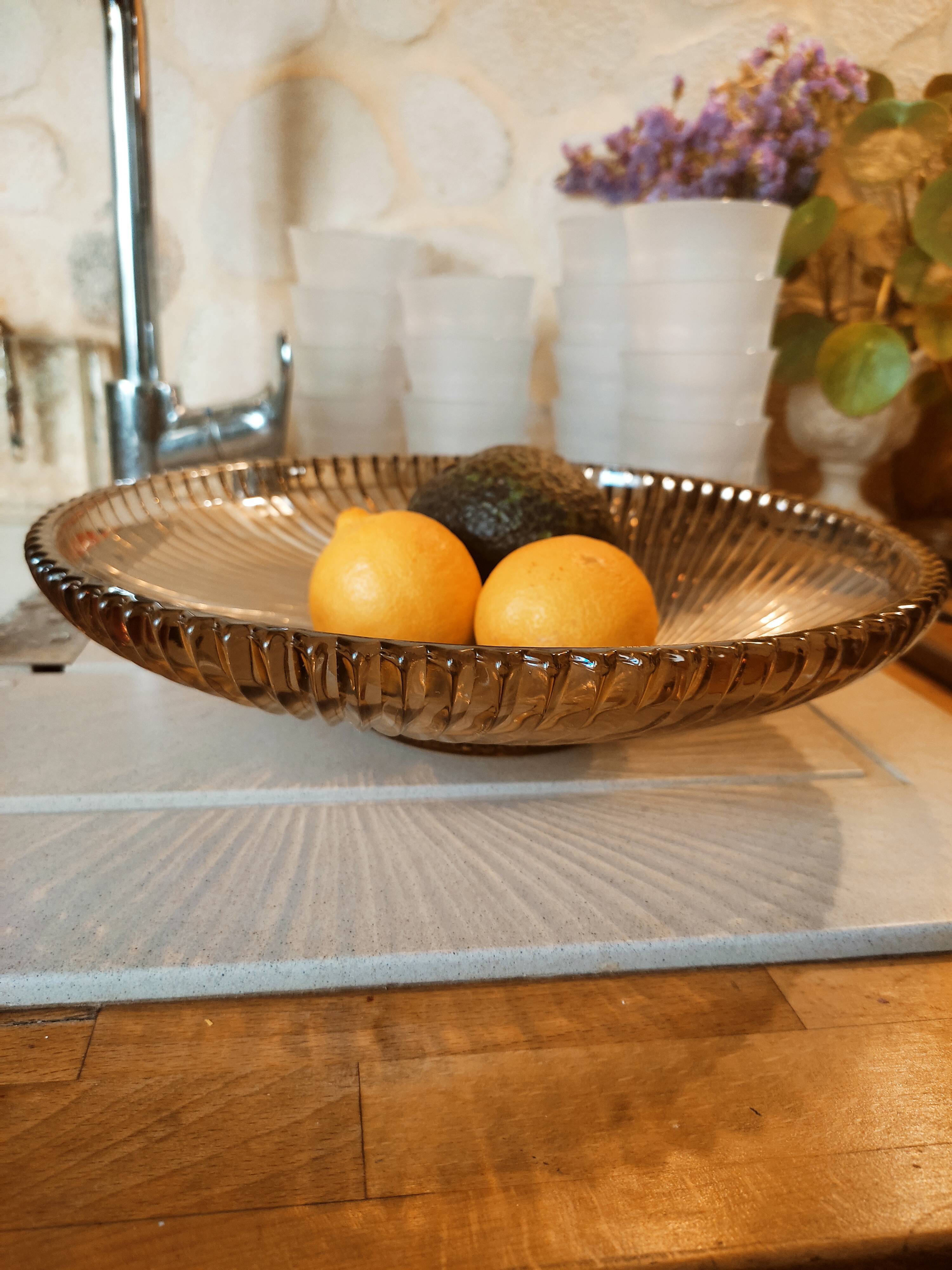 Art Deco cut or dish in smoked glass