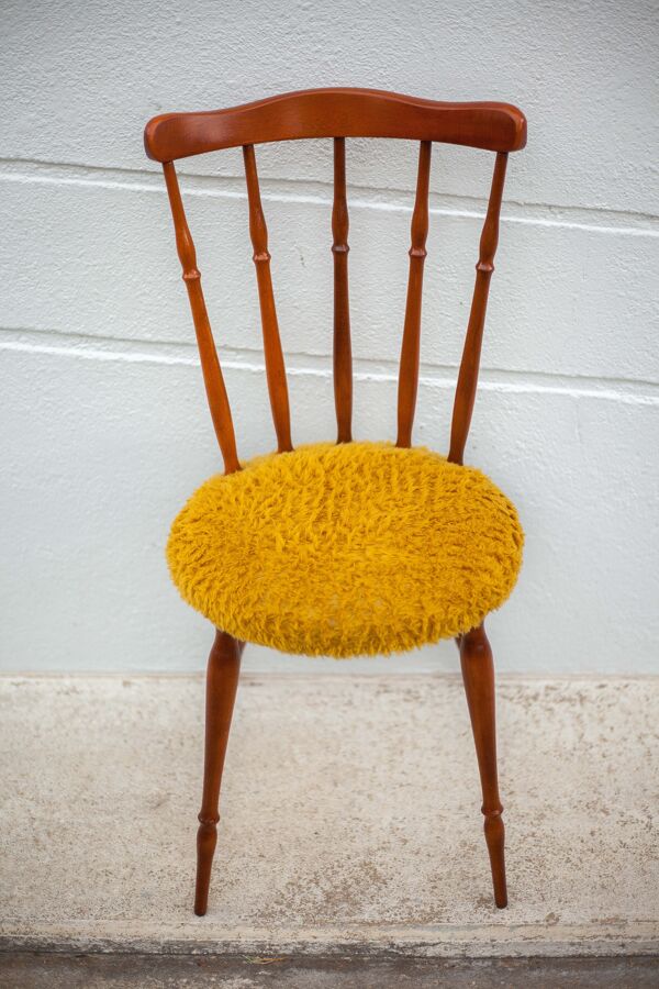 Chaise bois assise moumoute moutarde, chaise western, chaise saloon, salon, chambre