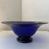 Cobalt blue glass bowl with Art Deco bird decor