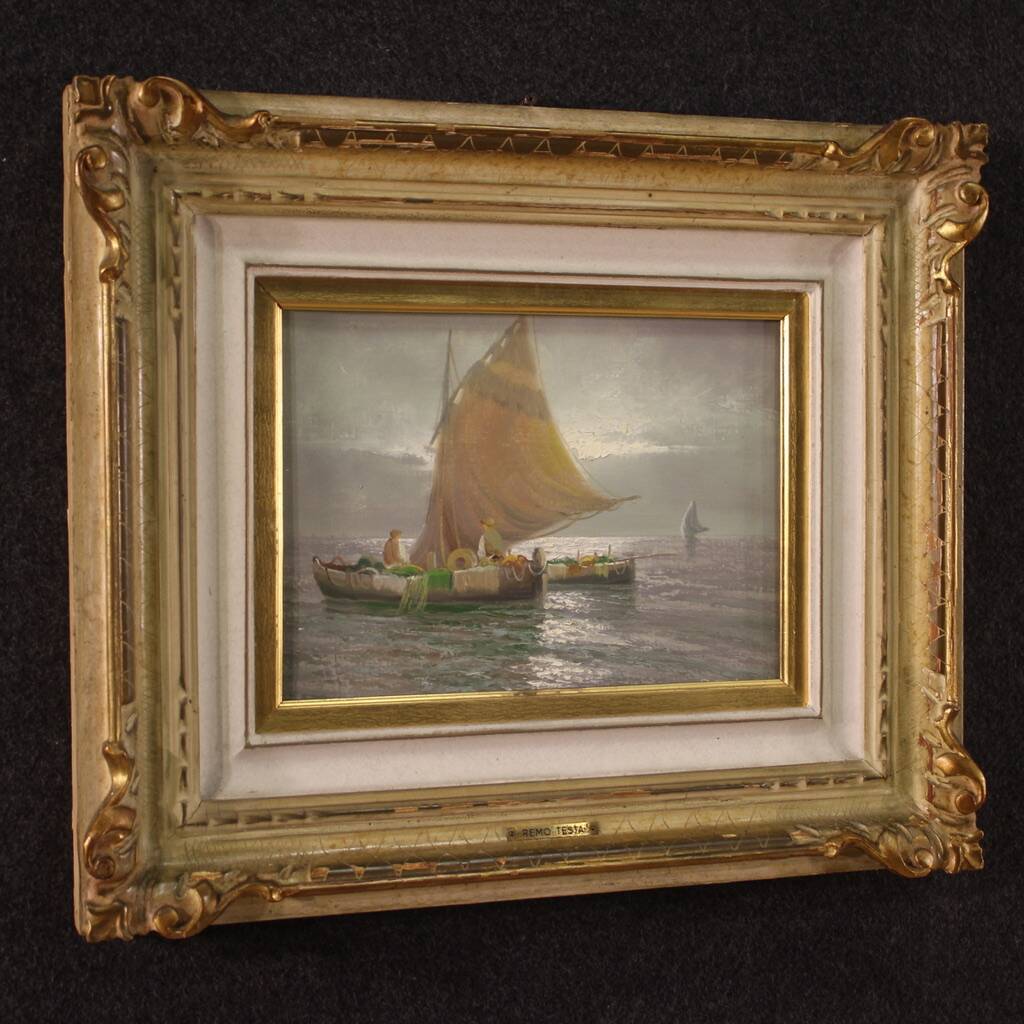 Seascape painting signed Remo Testa, fishermen at dawn