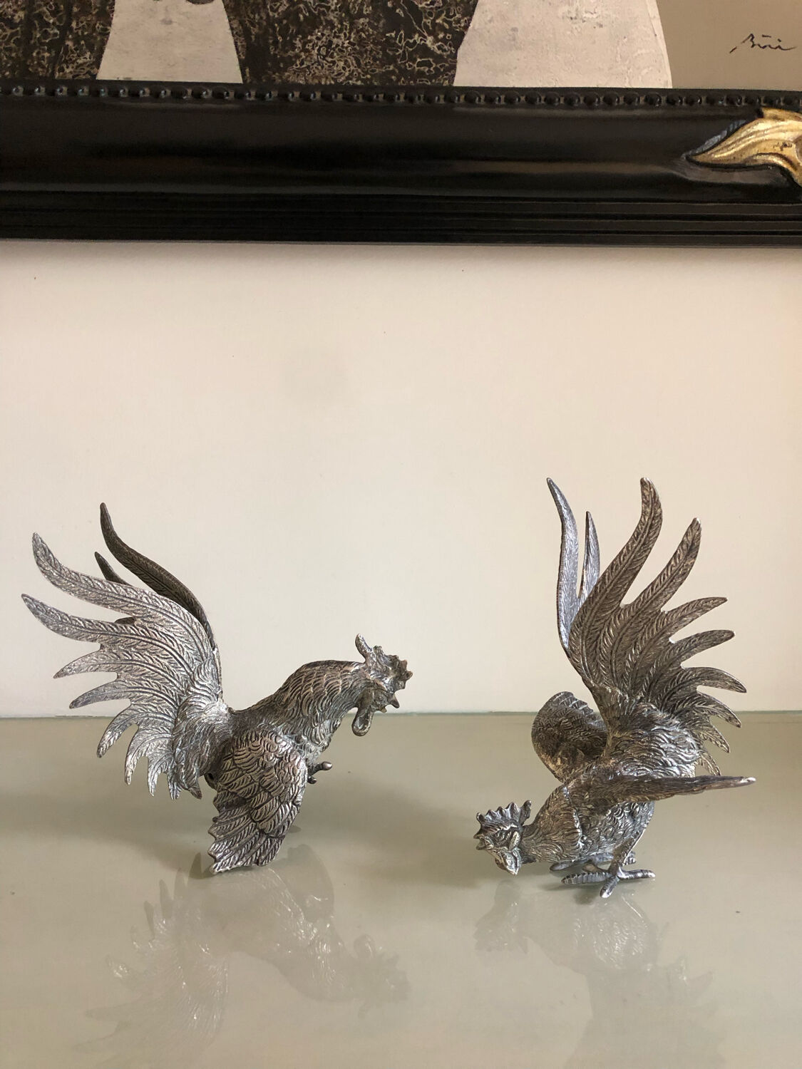 Vintage silver metal roosters