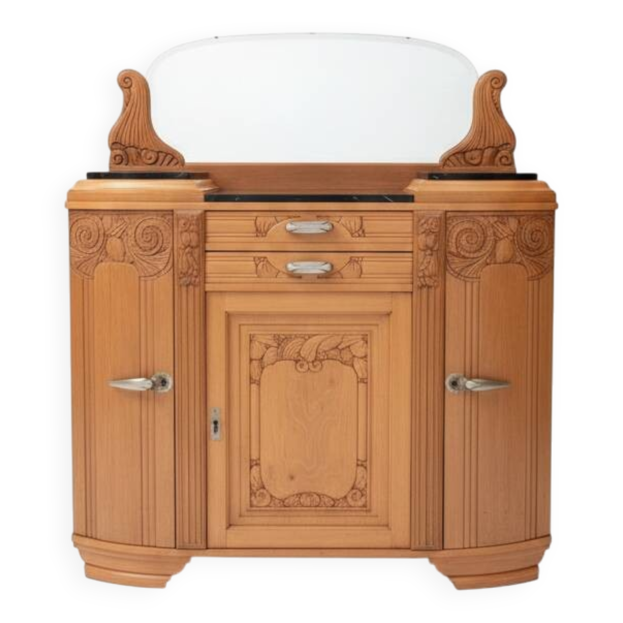 Art Deco Display Buffet in Carved Wood, Black Marble and Bi-Mirror