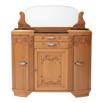Art Deco Display Buffet in Carved Wood, Black Marble and Bi-Mirror