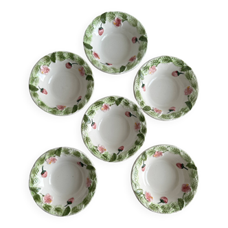 6 large slip bowls, floral and strawberry pattern