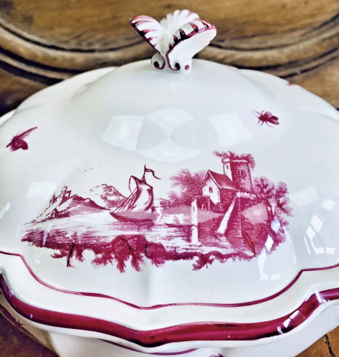 Old small Gien earthenware vegetable soup tureen, pink landscape model