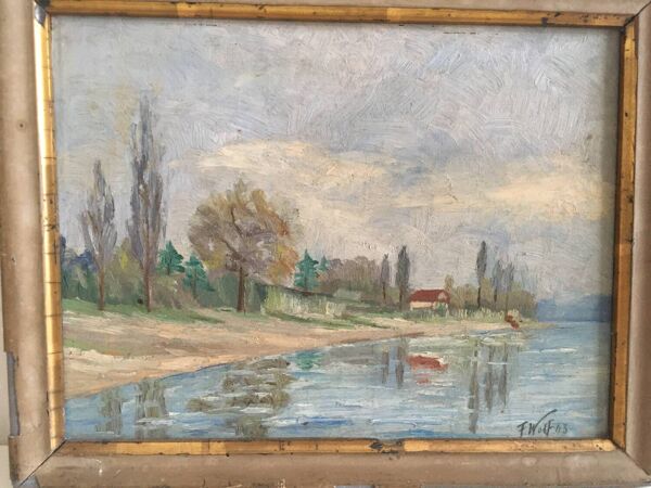 Tableau ancien Bord de rivière .