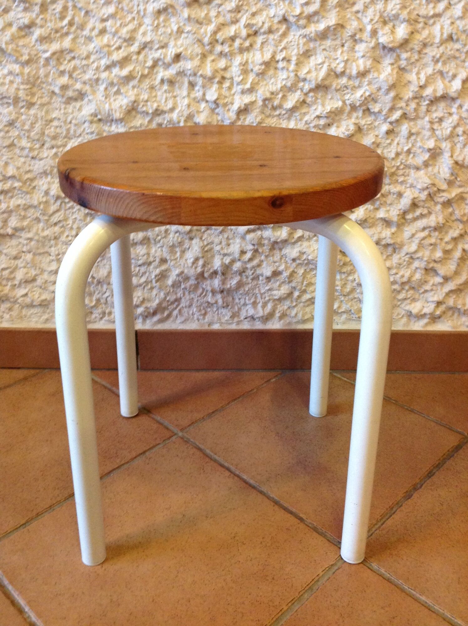 Old wooden stool and white lacquered feet industrial style, 60-70