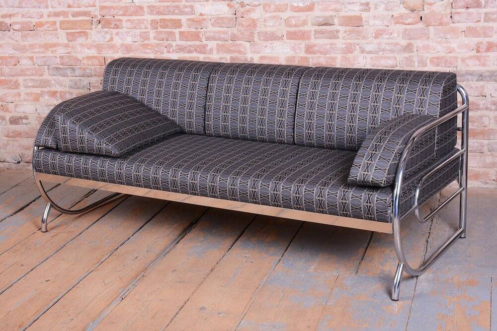Bauhaus Sofa in Chrome and Fabric from Robert Slezak, Czech, 1930s