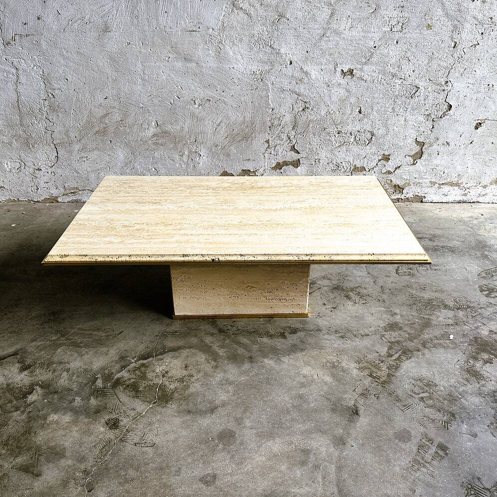 Vintage travertine coffee table with brass rim, France 1980s