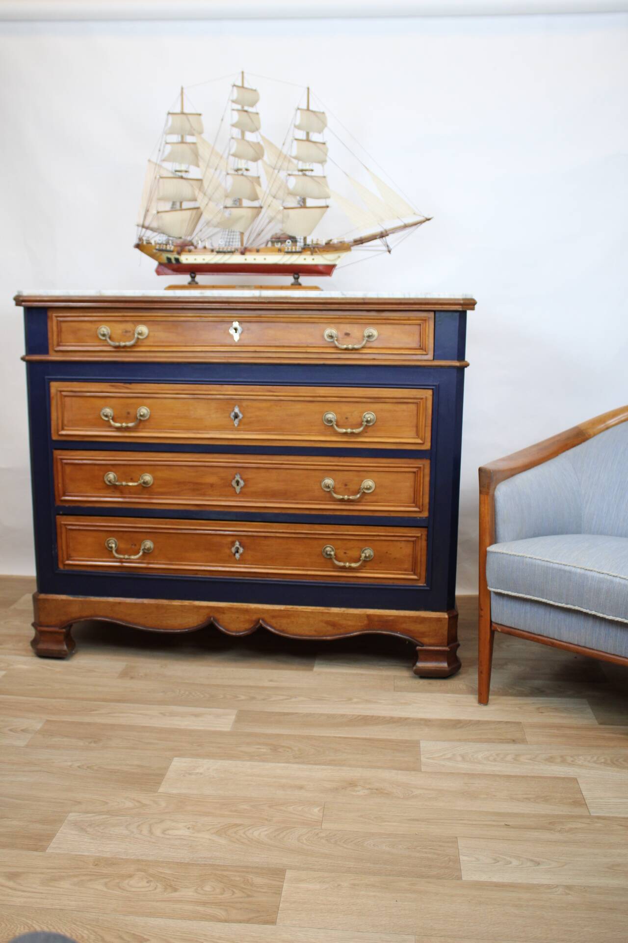 Chest of drawers in oak and gray marble, France 19th century