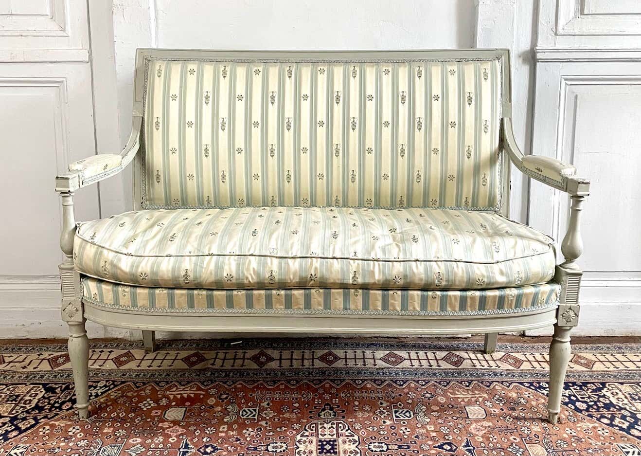 Directoire French silk sofa bench with blue, grey and white 18th century patterns