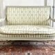 Directoire French silk sofa bench with blue, grey and white 18th century patterns