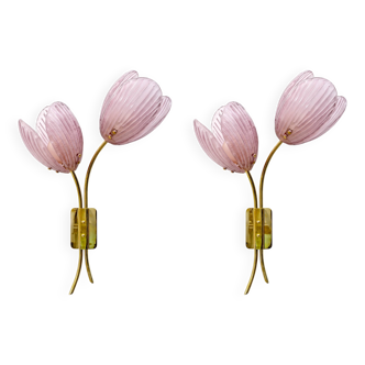 Pair of Tulips Murano Glass and Brass Sconces