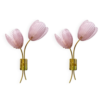 Paire d'appliques Tulipes en verre de Murano et laiton