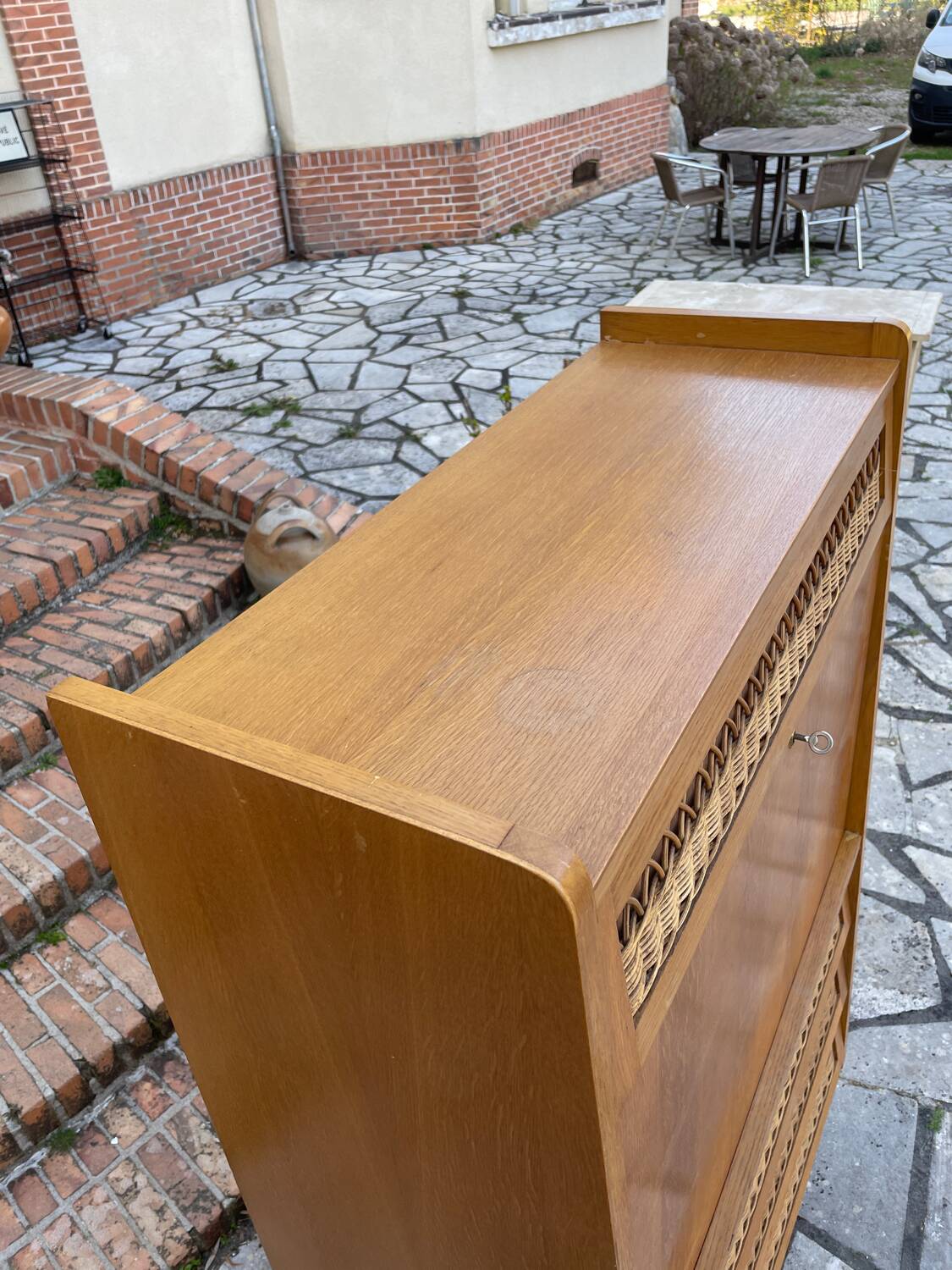 Secrétaire bois et rotin vintage