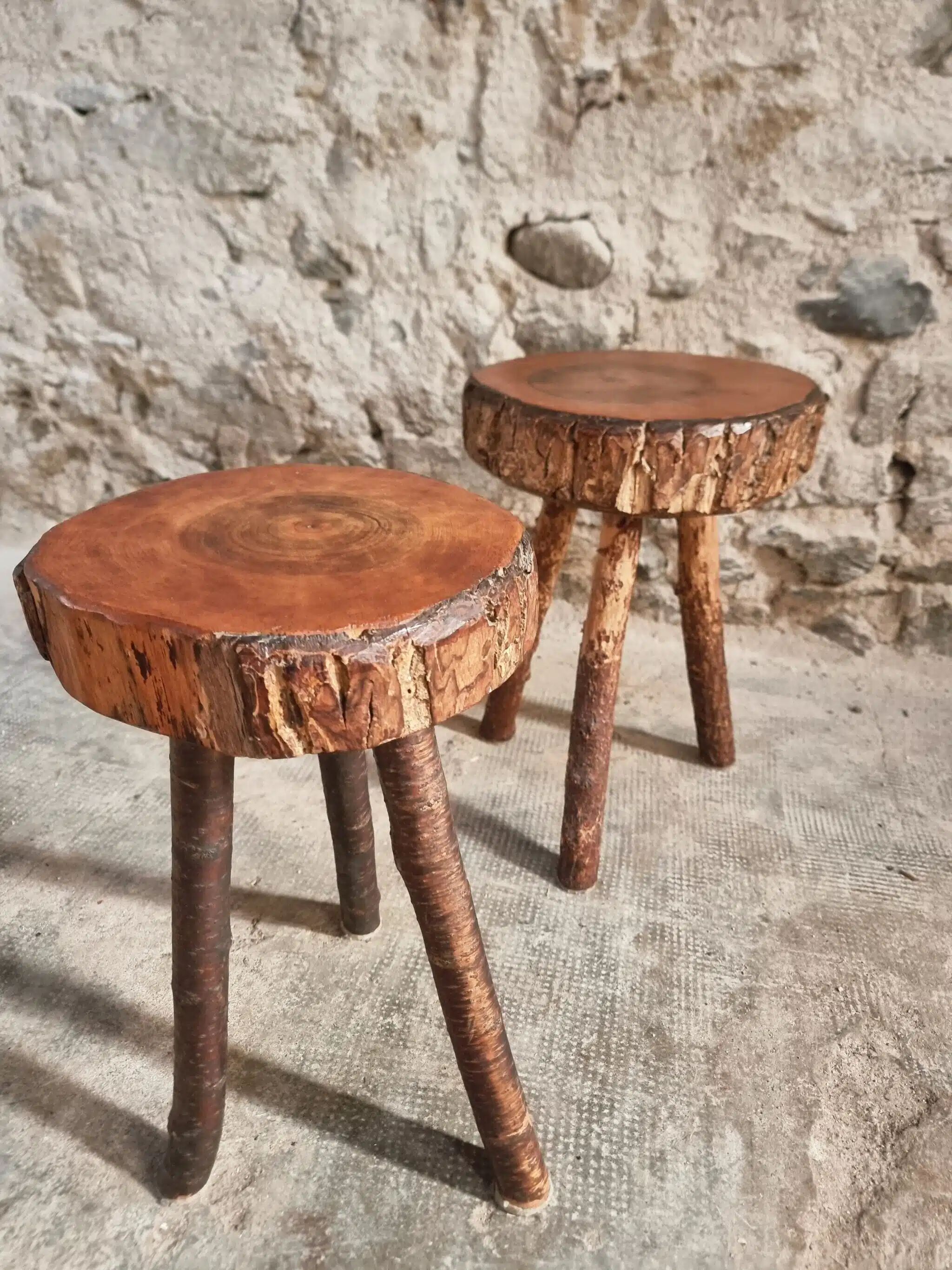 Vintage wooden tripod stools, set of 2, France 1960s
