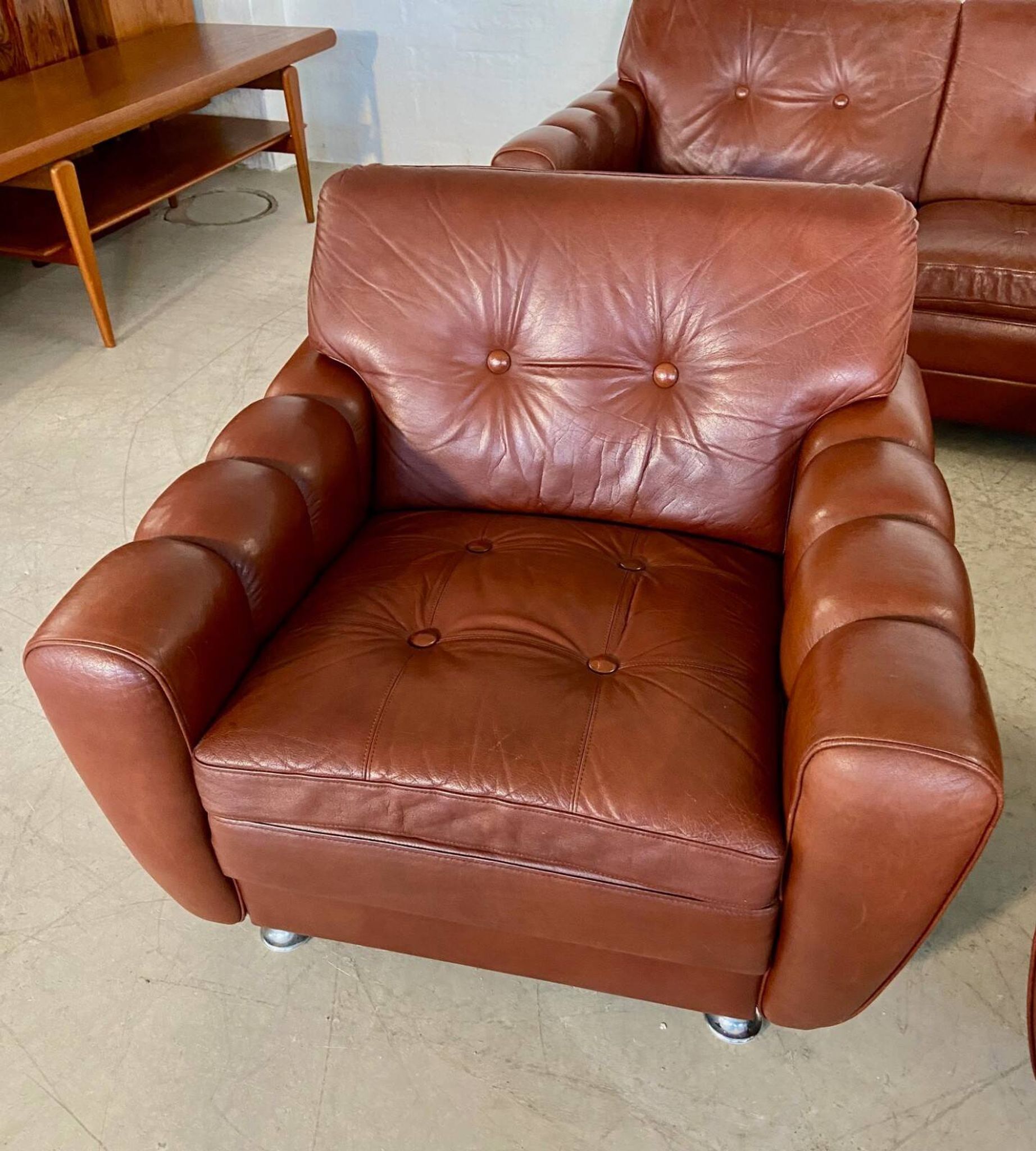 Vintage Danish mid-century Svend Skipper leather club chairs 1970s