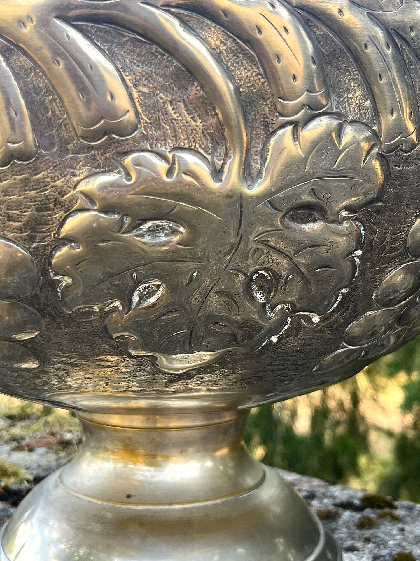 Large silver plated champagne cooler bowl on pedestal with grape