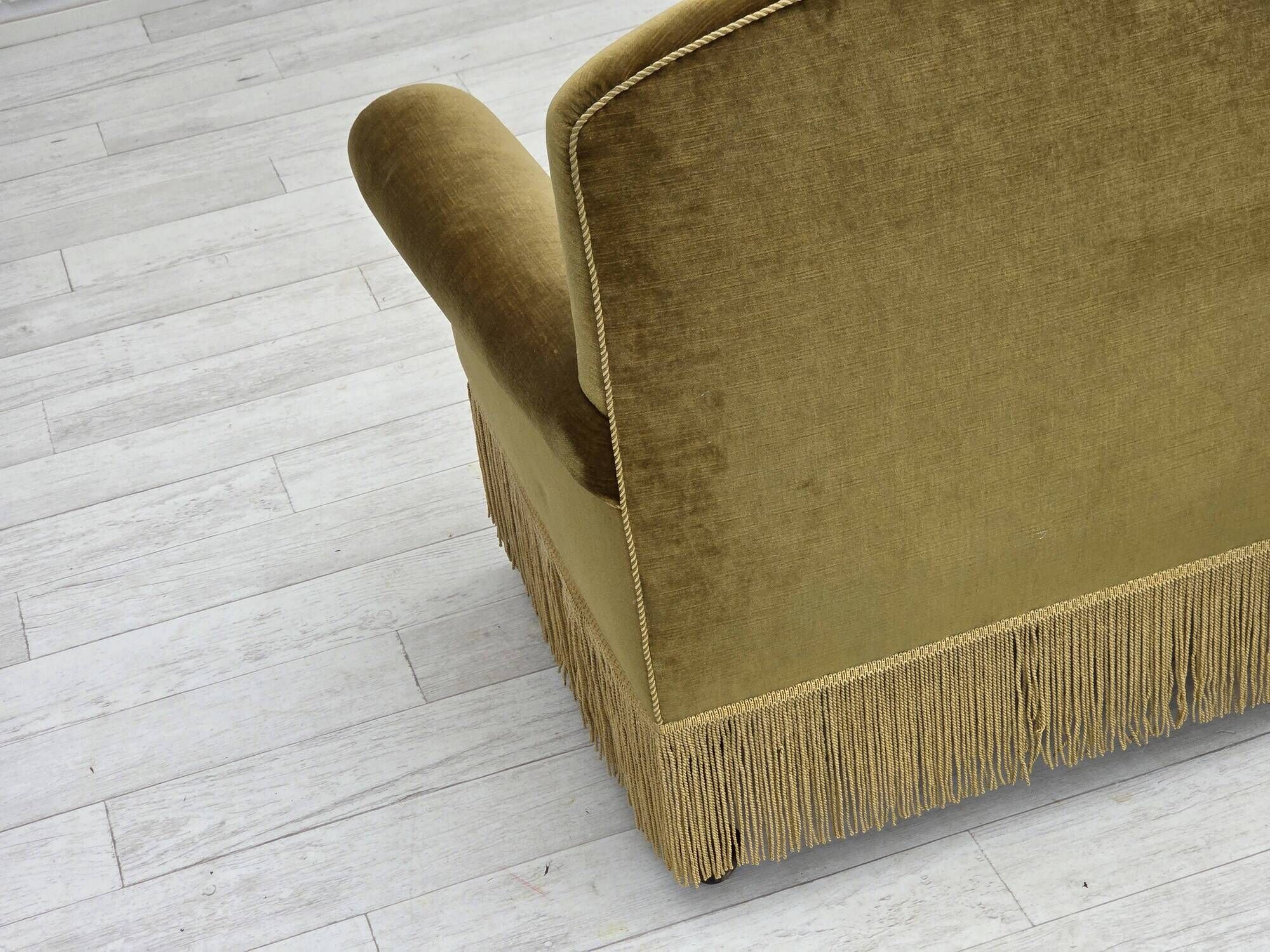 1950s, 2 seater sofa/daybed, light green furniture velour, ash wood legs.