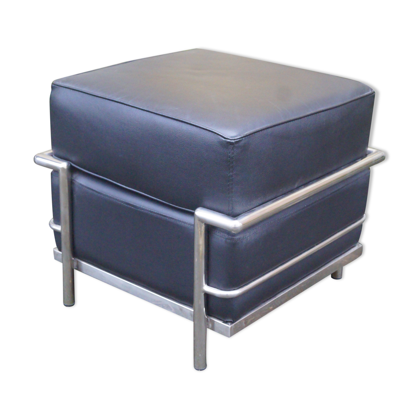 1980 leather and chrome metal pouf