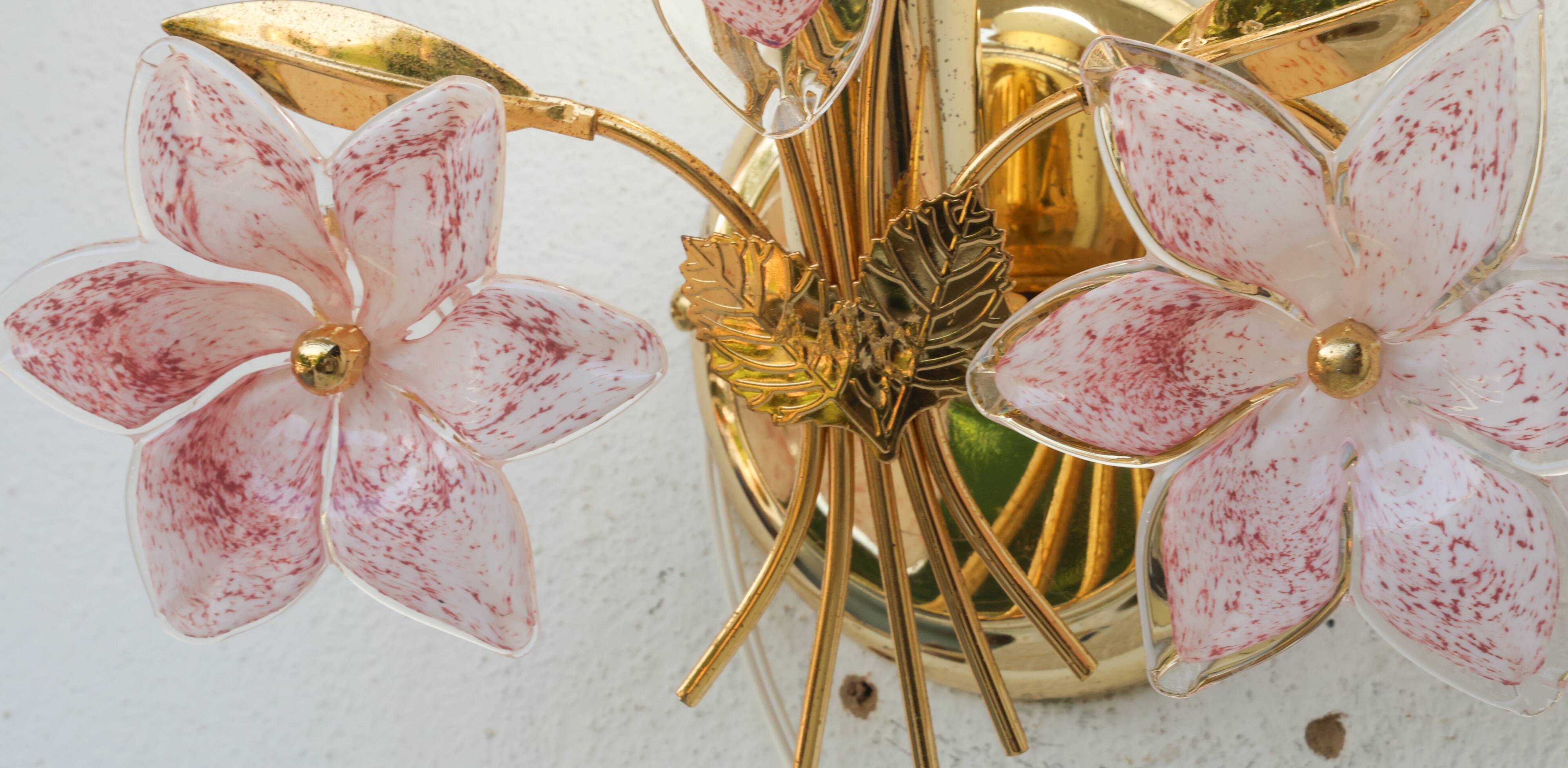 Ensemble de 2 appliques Murano fleurs roses, années 1970