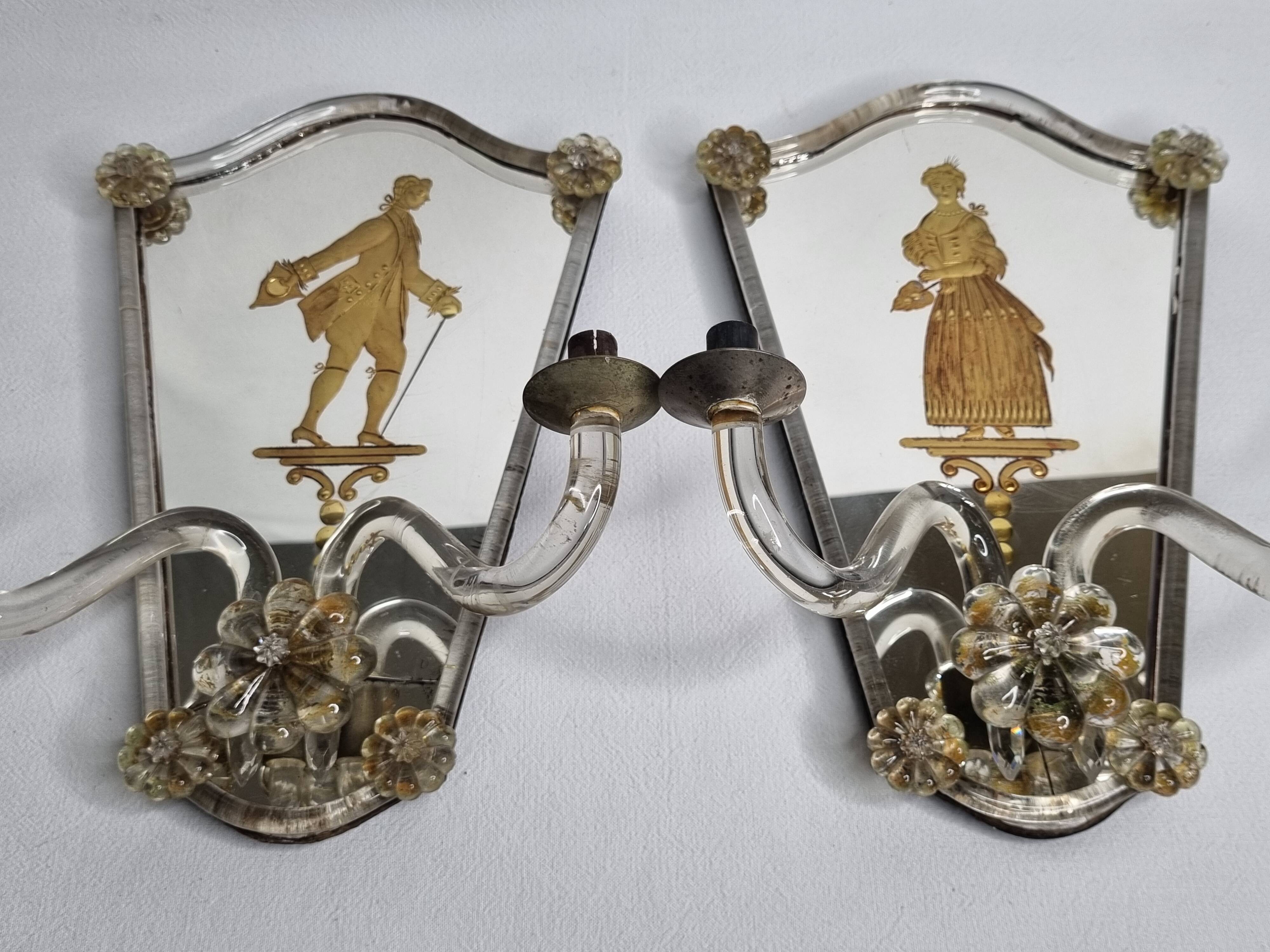 Pair of antique Murano wall lights with gilded engraved mirror, Italy, 19th century