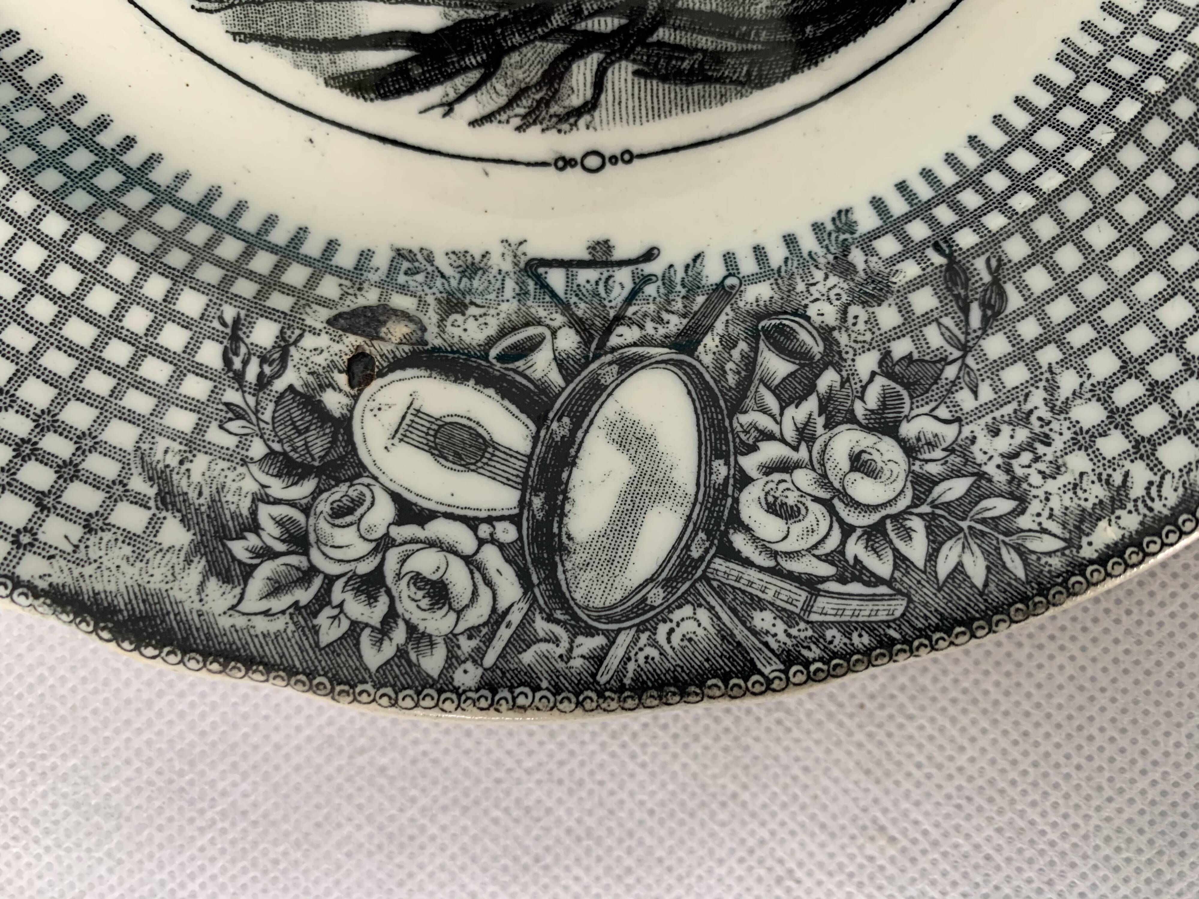 6 black dessert plates Old and Johnston Bordeaux 19th century astrology