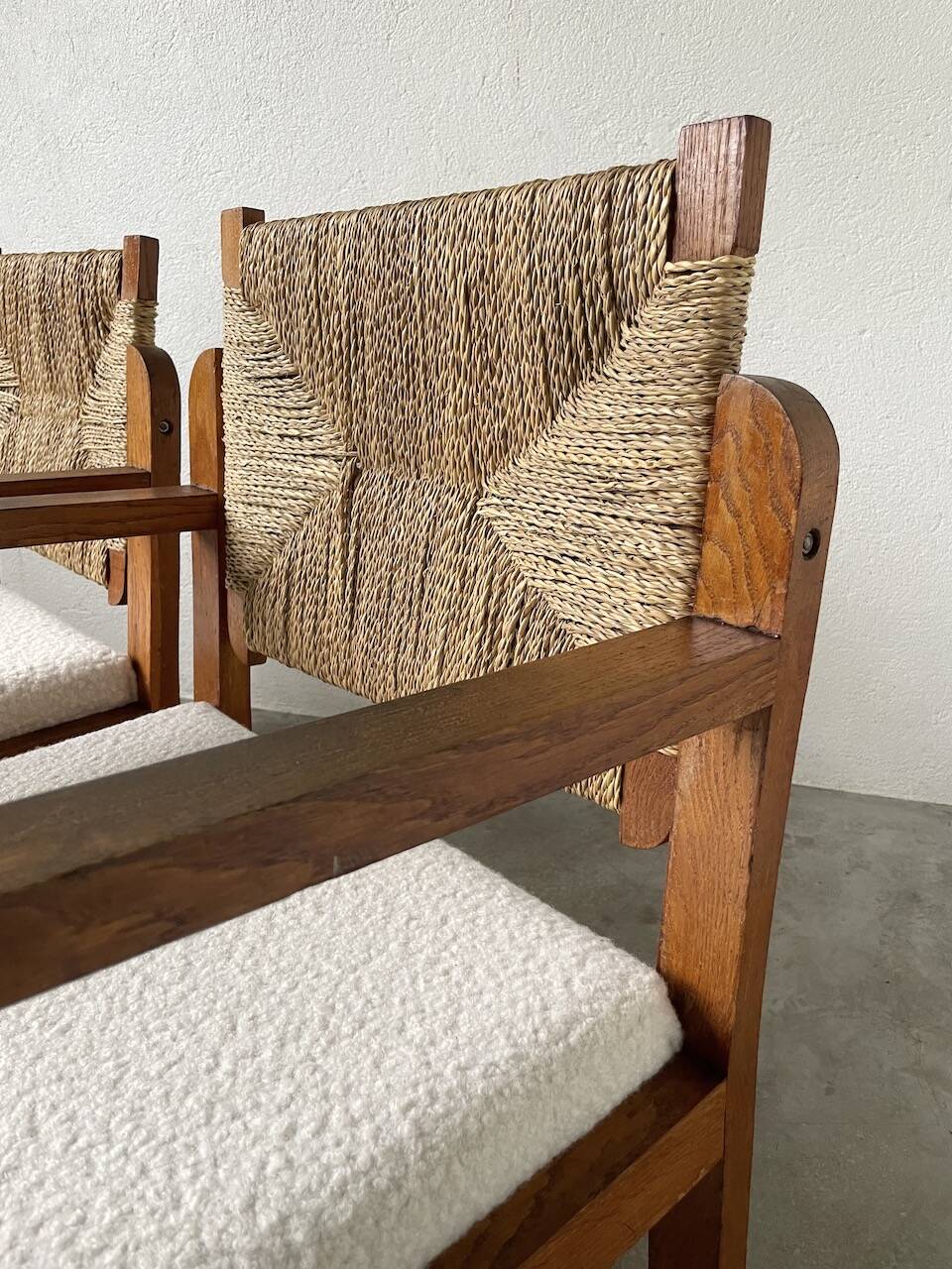 Pair of oak and straw armchairs, reconstruction style