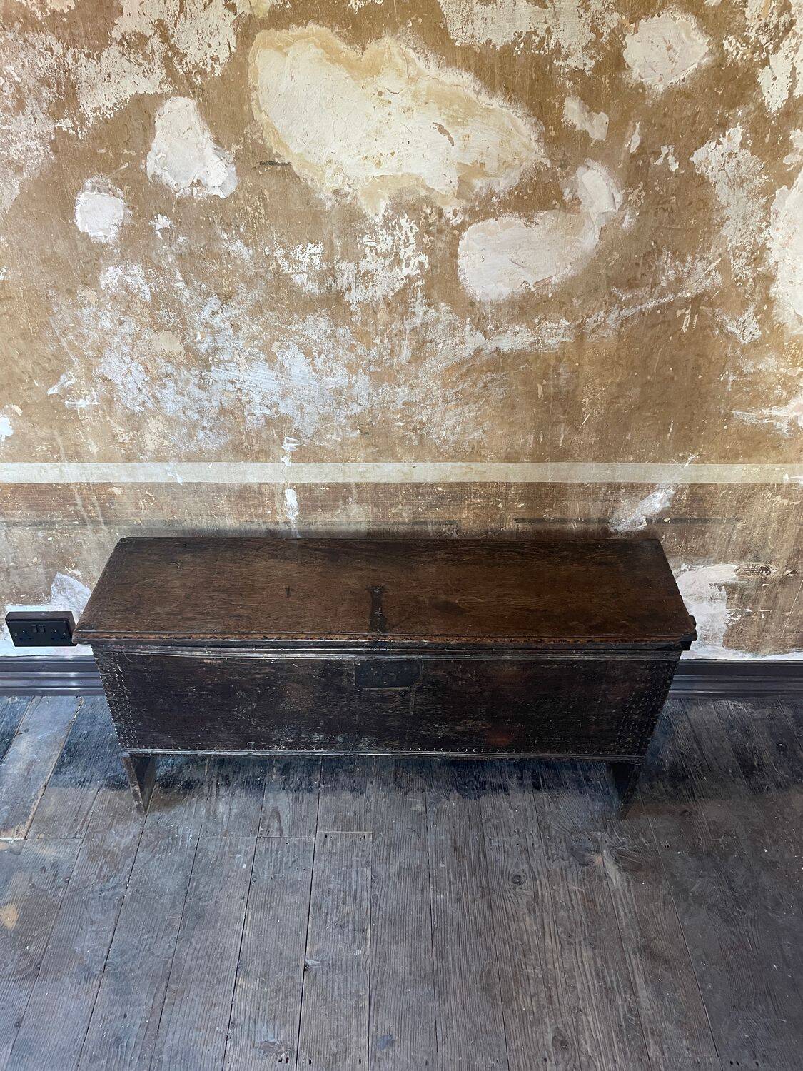 Large Heavy 18th Century Circa 1700 Primitive Carved Oak Sword Chest, Good