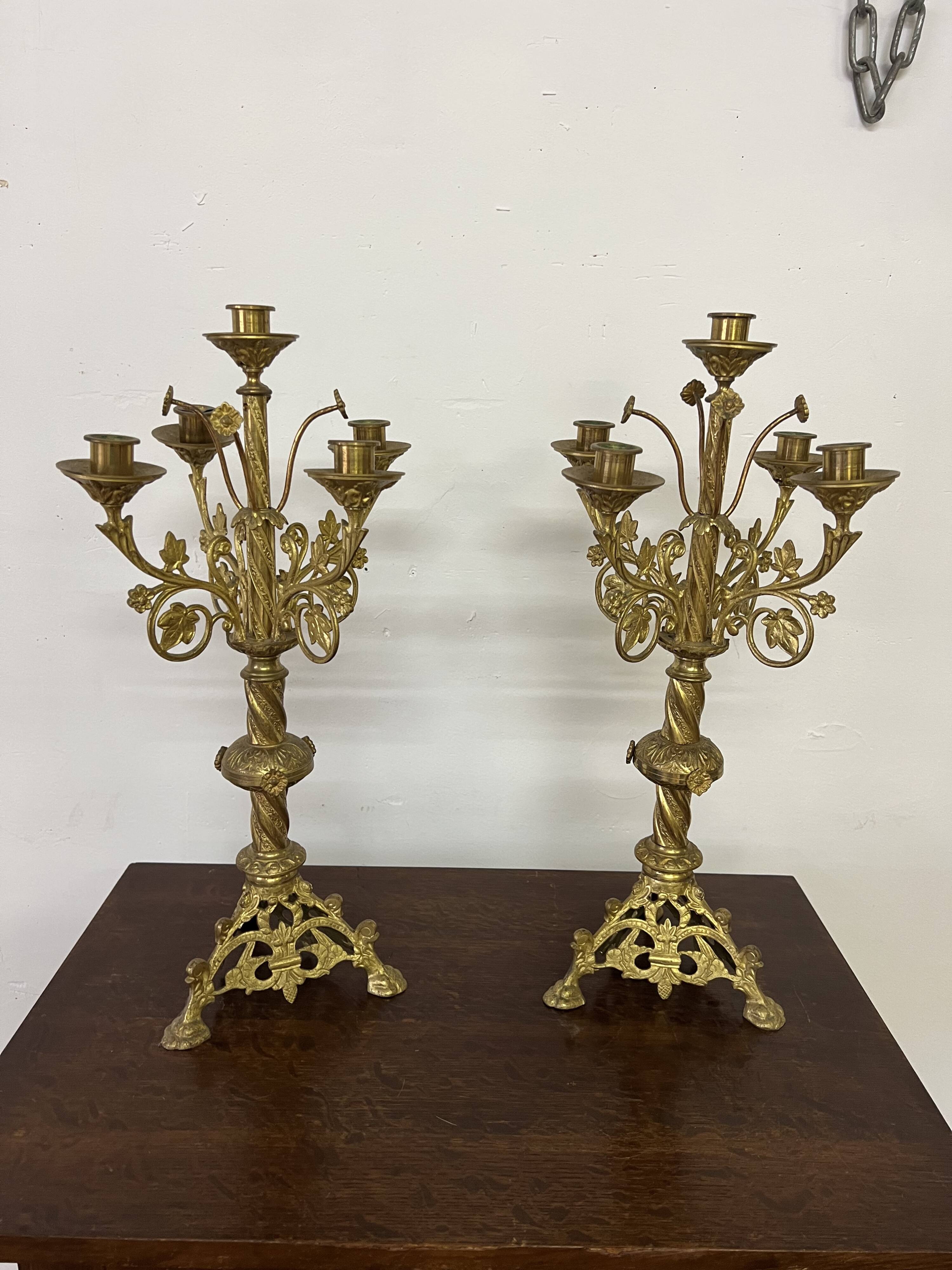 Pair of old altar candelabras in gilded brass from the 19th century