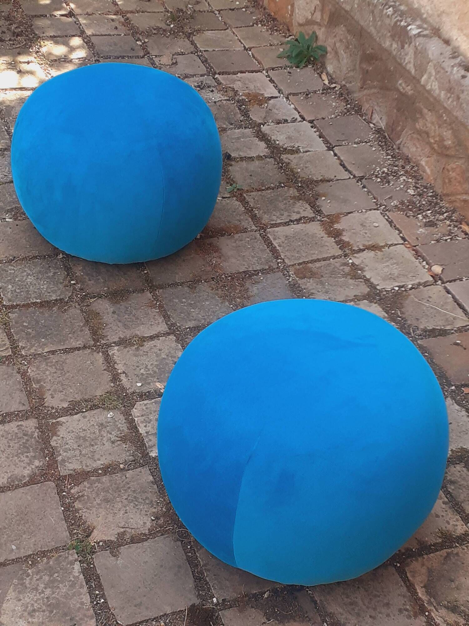 Pair of stools, blue ball ottoman from the 80s.
