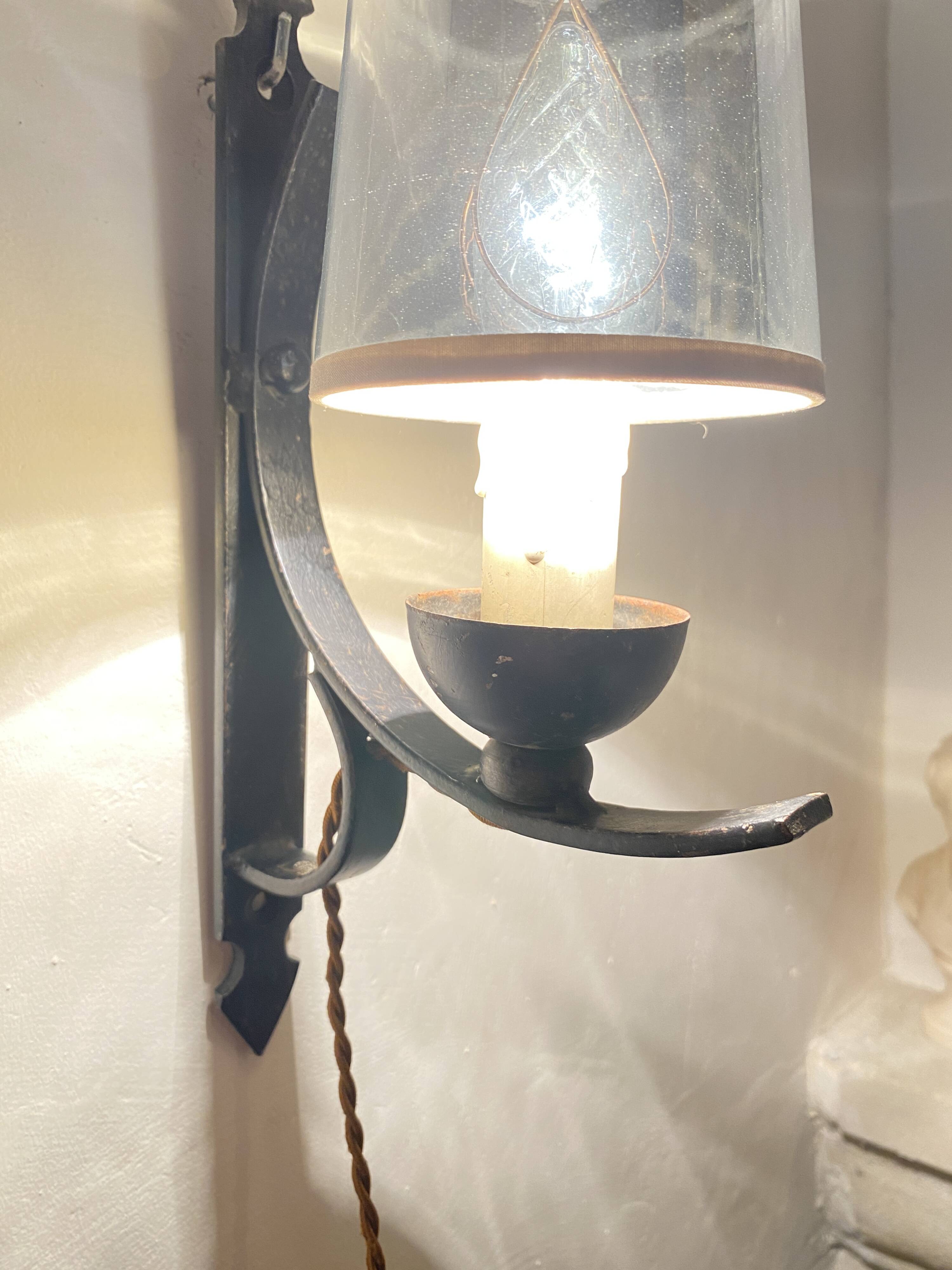 Wrought iron wall light, new fabric cabie, mirror lampshade