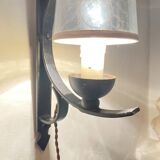 Wrought iron wall light, new fabric cabie, mirror lampshade