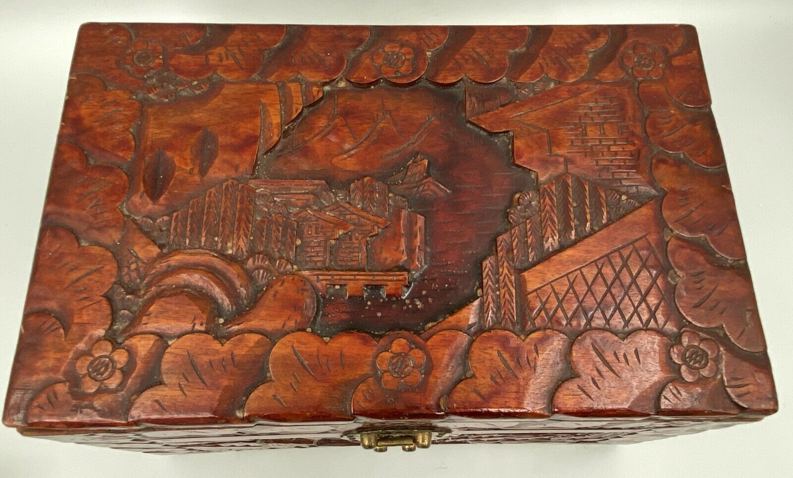 Wooden box carved china pagoda decoration